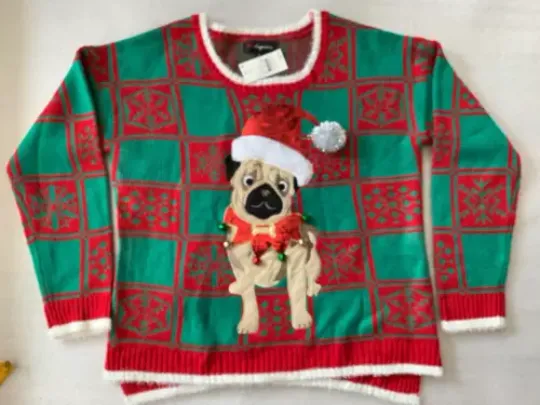 33 Degrees Womens Sweater Size X Large Santa Pug Ugly Christmas Holiday Dog New