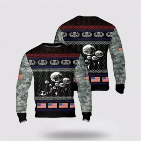 US Army Airborne Paratrooper Christmas AOP Sweater, Christmas Gift For Military