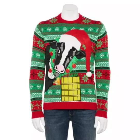 Christmas Sweater Ugly Holiday Cow Santa Festive Men Fun Novelty Party - NWT