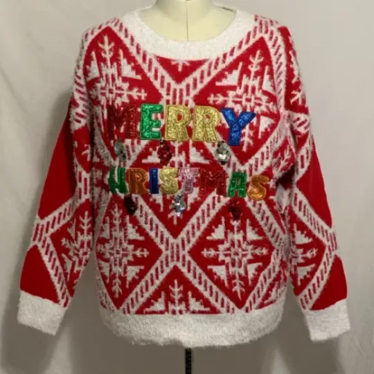 Ugly Merry Christmas Sweater Fair Isle Fuzzy Texture Sequin Sparkle Women XL