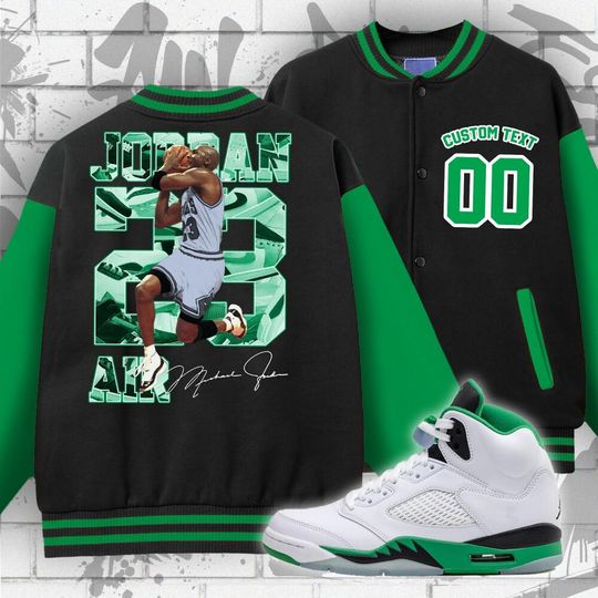 Jordan 5 Lucky Green Unisex Varsity Jacket, Number 23 MJ Custom, Varsity Jacket To Match Sneaker