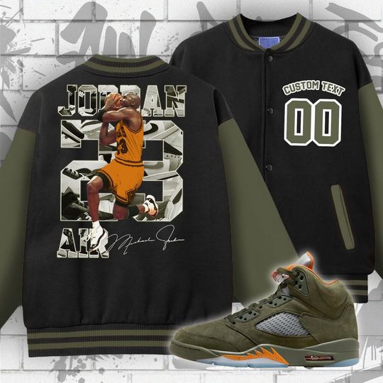 Jordan 5 Olive Unisex Varsity Jacket, Number 23 MJ Custom, Varsity Jacket To Match Sneaker