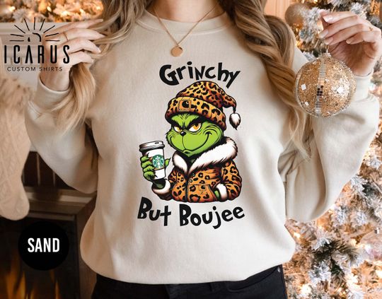Grin but Boujee Christmas Sweatshirt, Trendy Bougie Holiday Sweater, Funny Christmas Gifts for Her, Leopard Print Grin, Women Xmas