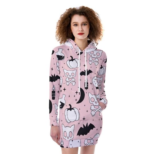 Pink Halloween, All-Over Print Women's Hoodie Dress