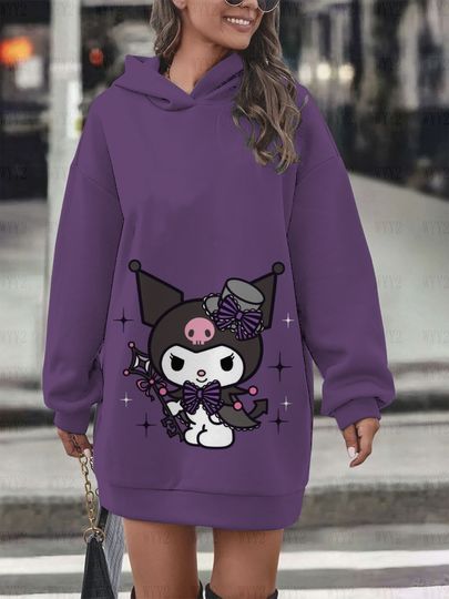 Autumn and Winter Kuromi Women's Sweater Dress Casual Cartoon Print Long Sleeve Hoodie Dress Fashion Trend Warm Women's Sweater