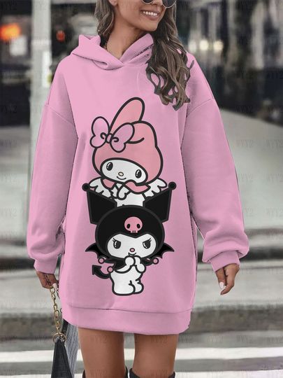 Women's Long Sleeve Hoodies Kuromi Printed Sweater Dress Autumn and Winter Casual Street Pullover Sweatshirt Women's Clothing