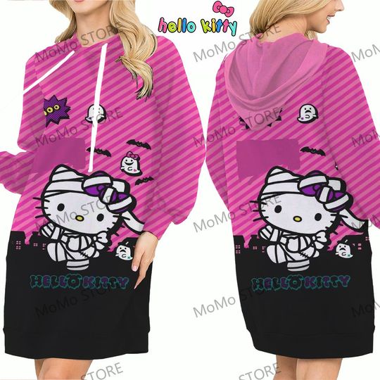 2024 Lovely Women's Hoodie Dress Hoodies Autumn  Hello Kitty Halloween Series Anime Woman Clothes Kawaii Long Sleeve Y2k