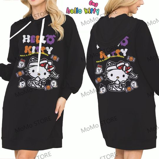 Autumn Anime Women's Hoodie Dress Hello Kitty Sweatshirt 2024 Kawaii Sweatshirts Y2k Long Sleeve Hoodies Winter Streetwear