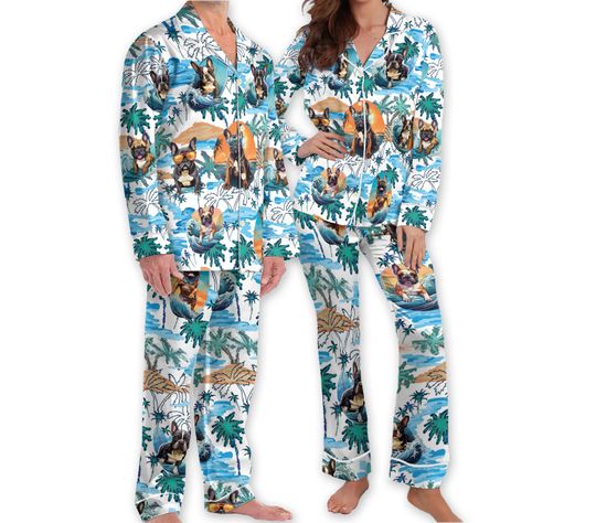 Bulldog with Glasses Hawaiian Pajamas, French Bulldog Surfing Pajamas, Family Matching Pajamas Set, Couple Pajamas