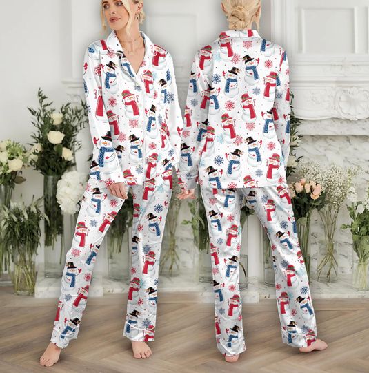 Cute Snowman and Snowflakes Christmas Pajama Set Women, Christmas Doodles Pajamas Set,Christmas Vibes Pjs Set for Women,Holiday Gift for Her