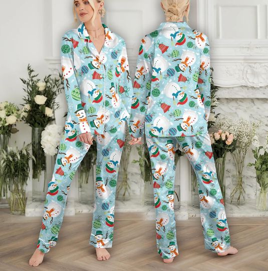 Cute Snowman Christmas Pajama Set Women, Winter Vibes Santa Matching Pajamas Set, Christmas Vibes Pjs Set for Women, Holiday Gift for Her