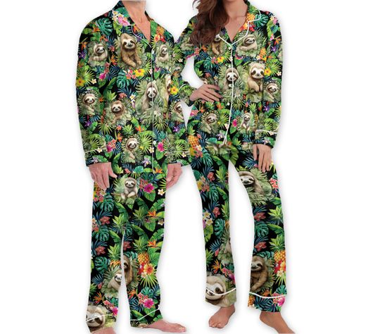 Sloth Flamingo Pattern Hawaiian pajamas, Sloth Tropical Jungle pajamas, Kawaii Sloth Lover Gift, Pjs Set for Women