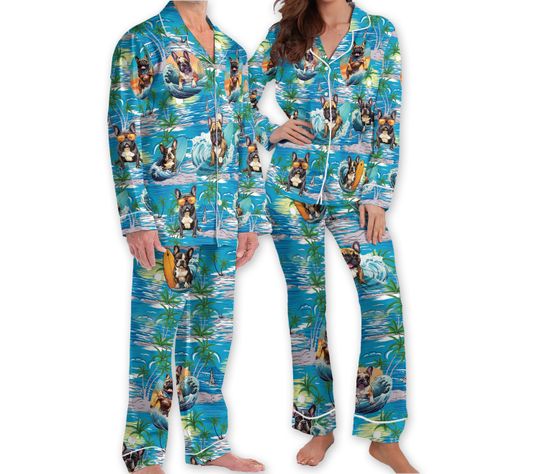 Surfing Bulldog Hawaiian Pajamas, Aloha Beach Pajamas, Family Matching Pajamas Set, Couple Pajamas
