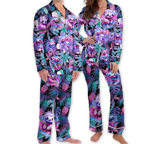 Pastel Sloth Tropical Pajamas, Lazy Sloth Hawaiian Pajamas, Sloth Tropical Jungle Pajamas, Family Matching Pajamas Set