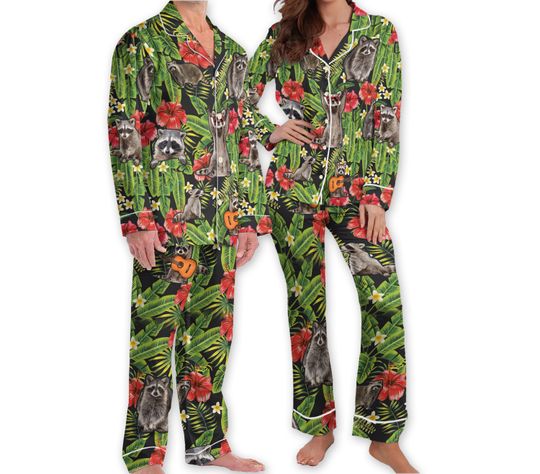Aloha Raccoon Pajamas, Cottagecore Hibiscus Flowers Pajamas, Family Matching Pajamas Set, Raccoon Lover Gift