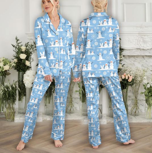 Snowman and Snowflakes Christmas Pajamas for Women, Christmas Gift Box Matching Pajamas Set, Christmas Tree Pajama Set, Gift for Christmas
