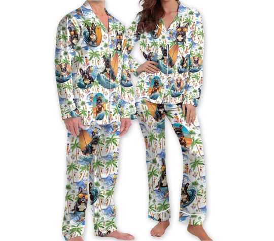 Aloha Beach Bulldog Pajamas, Bulldog Surfing Hawaiian Pajamas, Funny Dog Pajamas, Family Matching Pajamas Set