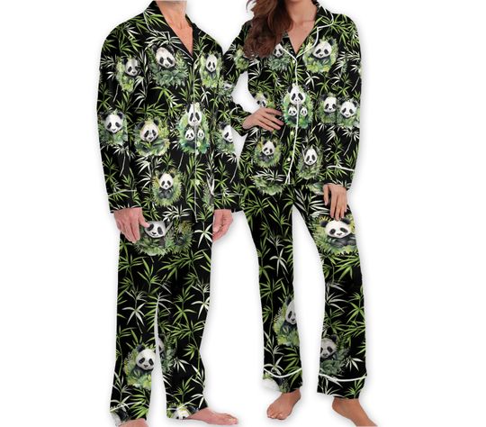 Funny Panda Face Pajamas, Panda Bamboo Hawaiian Pjs, Tropical Aloha Pajamas, Pajama Set Family