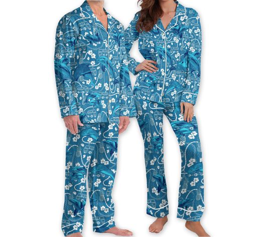 Dolphin Teal Hawaiian Pajamas, Car Bus Beach Vibes Pajamas, Ocean Lover Gift, Pjs Set for Women, Couple Pajamas