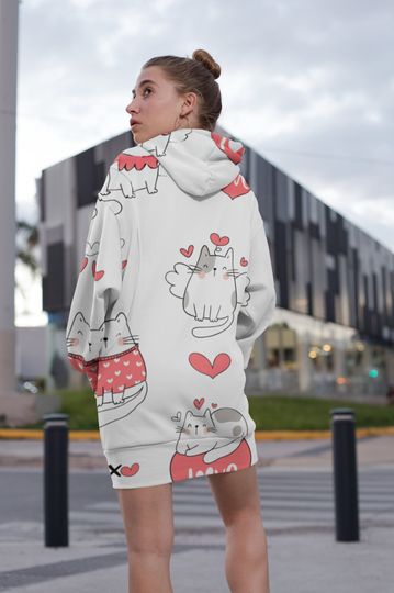 Women's Hoodie Dress, Hoodie for her, Mothers Day Dress for cat lover, Gift for Her, Hooded sweatshirt with cat pattern, Cat owner gift