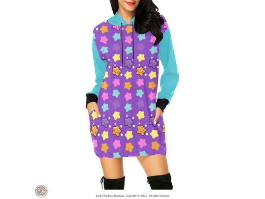 Purple Star Hoodie Dress, Kawaii Rainbow Sweatshirt, Harajuku Fashion, Starry Night Print Oversized Sweater, Halloween Comfort Colors Shirt