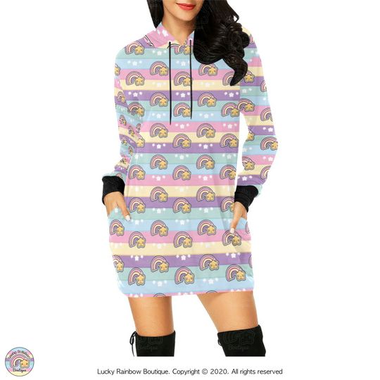 Pastel Rainbow Oversized Hoodie, Kawaii Clothing, Rainbows and Stars Sweater Dress, Harajuku Sweatshirt, Sweet Fairy Kei, 80s Clothing