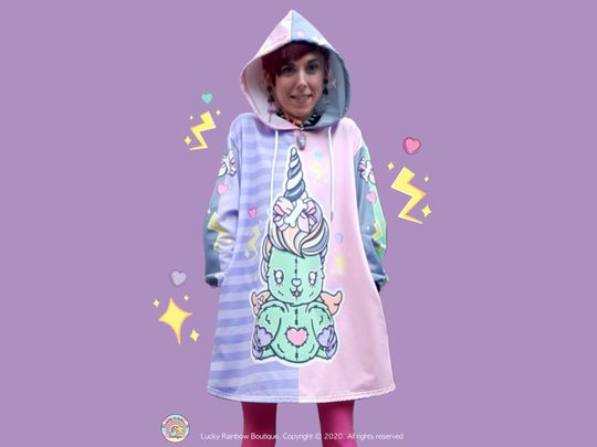 Zombi Unicorn Hoodie Dress, Pastel Goth Clothing, Kawaii Halloween Sweatshirt, Spooky Season Sweater, Harajuku Jumper, Creepy Cute Clothes