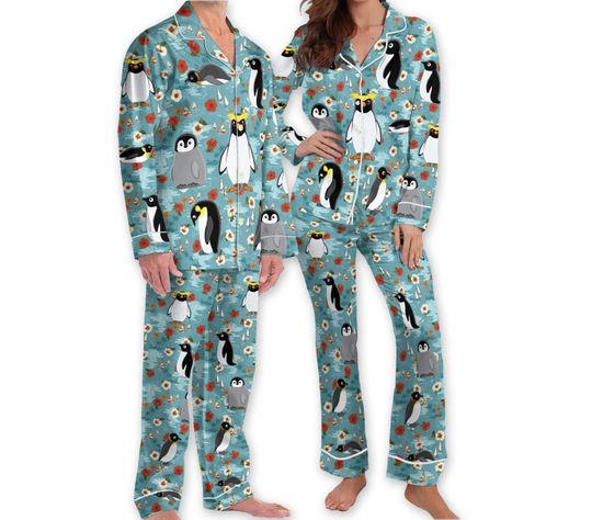 Floral Animal Hawaiian Pajamas Cute Penguin Beach Pajama Set Family, Penguin Lover Pjs Set for Women, Gift for Her