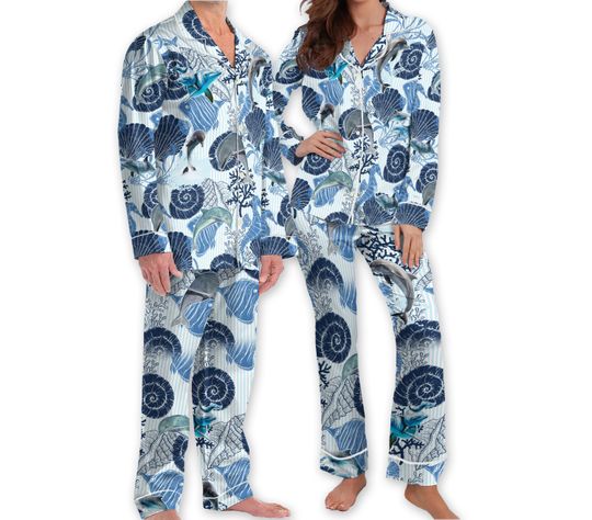 Dolphin Seahorse Pajamas, Seashells Beach Hawaiian Pajamas, Ocean Lover Gift, Family Matching Pajamas Set