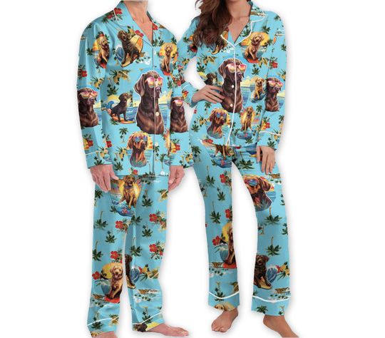 Tropical Palm Leaf Labrador Dog Pajamas, Beach Labrador Retriever Pajamas Set Women, Labrador Mom Dad Gift, Holiday Family Pjs Set