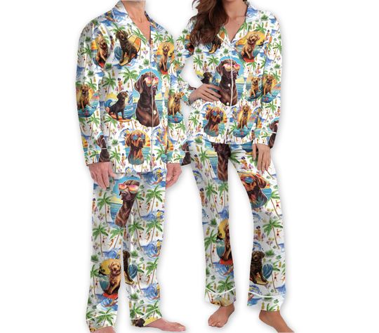 Summer Beach Labrador Pajamas, Blue Dog Pajamas Set, Dog Pjs Gift for Dog Lover, Labrador Retriever Lover Gifts, Holiday Family Pjs
