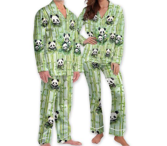 Cute Panda Tropical Pajamas, Panda Bamboo Aloha Vacation Pajamas, Tropical Couple Pajamas, Pajama Set Family