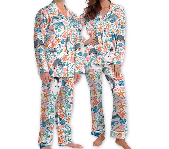 Cute Dolphin Holiday Pajamas, Marine Biologist Beach Hawaiian Pjs, Beach Vibes Pajamas,  Family Matching Pajamas Set