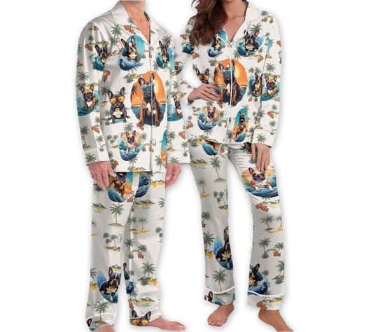 Aloha Bulldog Pajamas, Bulldog with Glasses Hawaiian Pajamas, Beach Vacation Vibes Pajamas, Family Matching Pajamas Set