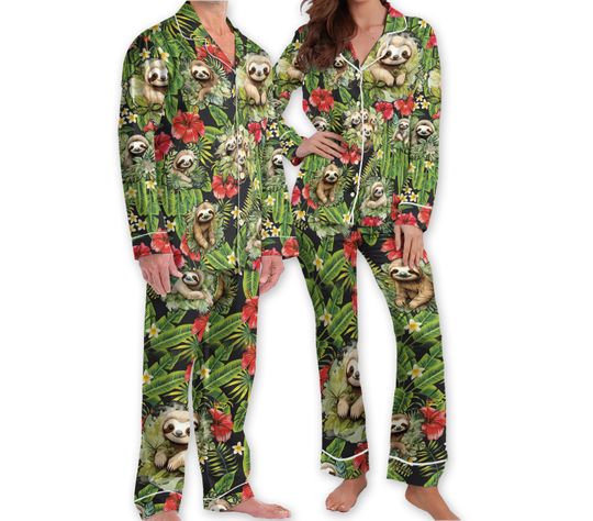 Funny Sloth Flower Pajamas, Hibiscus Seamless Pattern Aloha Pajamas, Sloth Tropical Hawaiian Pajamas, Family Matching Pajamas Set
