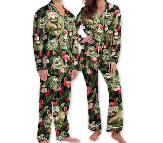 Sloth Flamingo Pattern Hawaiian Pajamas, Sloth Tropical Jungle Pajamas, Family Matching Pajamas Set, Kawaii Sloth Lover Gift