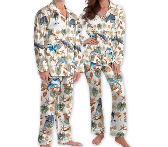 Dolphin Seashells Hawaiian Pajamas, Ocean Beach Vacation Pajamas, Family Matching Pajamas Set, Couple Pajamas