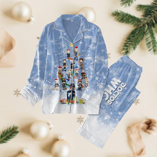 Doctor Who Christmas Pajamas Set, Tardis Police Box Holiday Pajamas, Doctor Who Tv Series Pj Set, Movie Character Santa Hat Pajamas