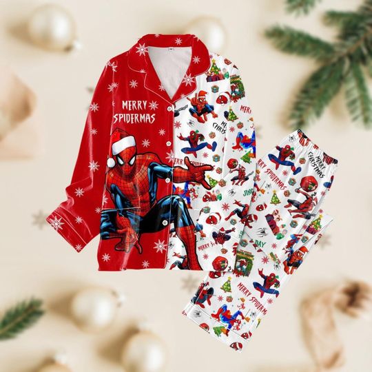 Spider-Man Christmas Pajamas Set, Superhero Xmas Thick Pajamas, Spider Super Hero Pajamas Family, Spider-Man Santa Hat Pj Set Pants