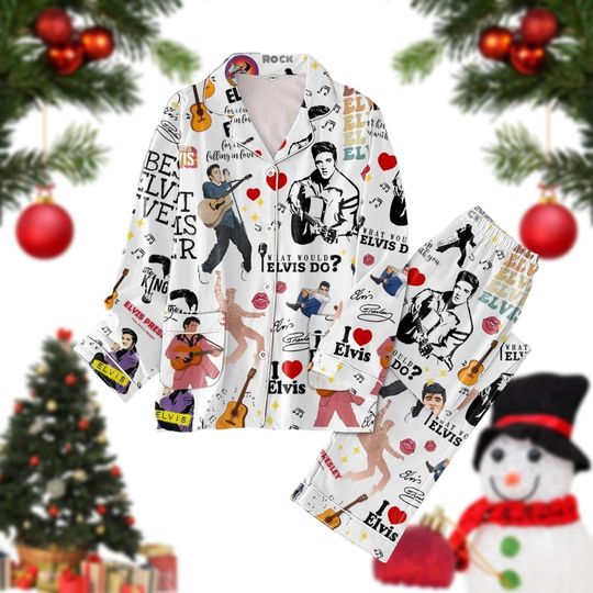 Christmas Elvis Presley Pajamas, Elvis Presley Thick Pajamas, Elvis Presley Tour Pajamas, Presley Pj Set Pants, Music Long Sleeve Pajamas