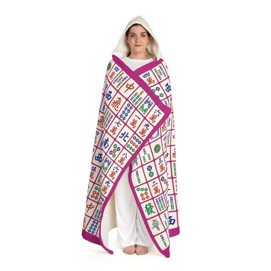 Mahjong Pink Hooded Blanket, Birthday Gift, Mahjong Friends Blanket, Mahjong Gift, Mahjong Game Lover Blanket