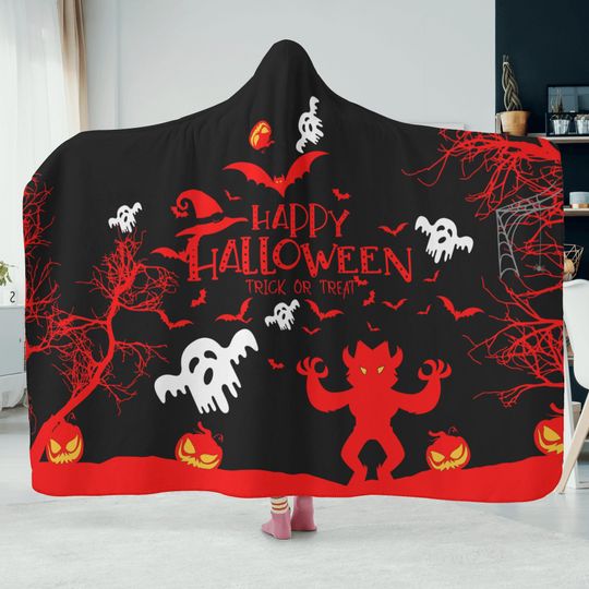 Wearable Halloween Hooded Blanket - Ghosts and Bats Design, Cozy Sherpa Lining, Comfy Adult Throw
