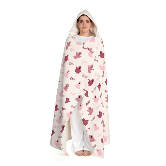 Hooded Sherpa Blanket, Cute Pink Ghost, Halloween Blanket, Throw Blanket, Hooded Blanket, Halloween Fleece, Girl gift