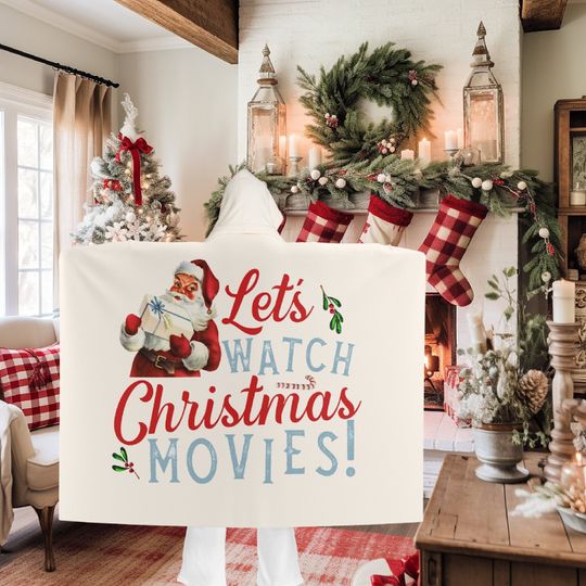 CHRISTMAS MOVIE WATCHING Hooded Blanket with Vintage Santa Claus Design, Holiday Blankets, Hooded Christmas Blanket
