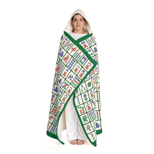 Mahjong Green Hooded Blanket, Birthday Gift, Mahjong Friends Blanket, Mahjong Gift, Mahjong Game Lover Blanket