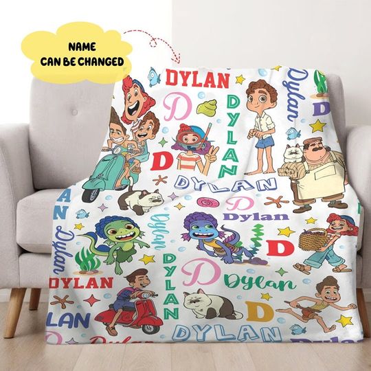 Personalized Watercolor Disneyland Pixar Luca Blanket, Custom Name Alberto Scorfano Luca Paguro Birthday Boy Blanket, Disneyland Family Gift