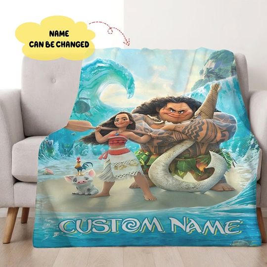 Personalized Moana Princess Blanket, Custom Name Princess With Pig Chicken Beach Blanket, Magic Kingdom Characters Blanket, Princess Blanket