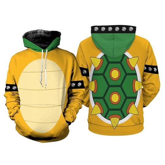 Bowser 3D Full Over Print Hoodie, Super Mario Bowser Cosplay, Bowser Princess Peach Super Mario Video Game Hoodie