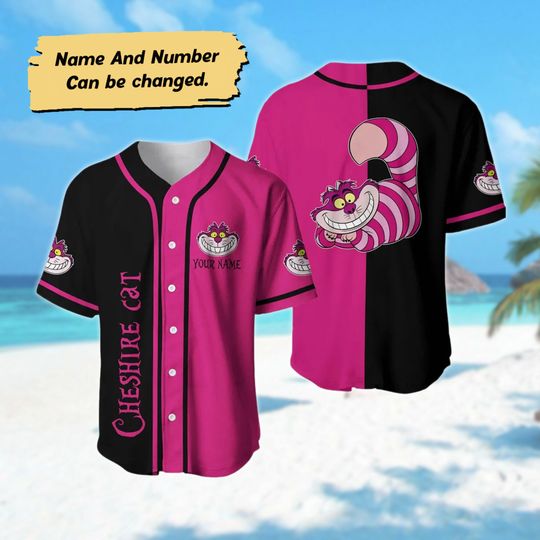 Personalized Cheshire Cat Baseball Jersey, Alice's Adventures in Wonderland Basketball Jersey, Cheshire Cat Pink Black Shirt, Cat Lover Tee