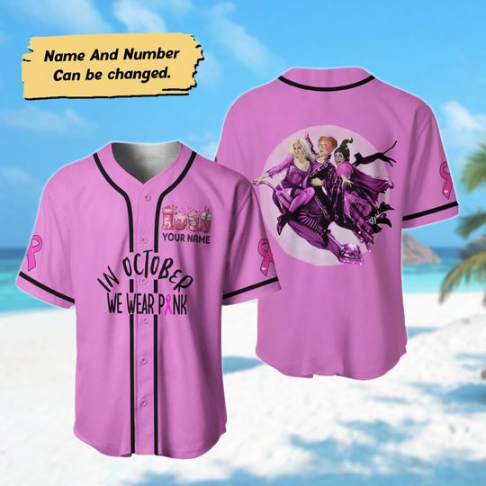 Personalized We Wear Pink Halloween Baseball Jersey, Sanderson Sisters Baseball Shirt, Hocus Pocus Jersey Team, Custom Name Baseball